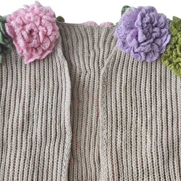Handmade Beige Open-Front Knit Cardigan Upcycled With Floral Crochet Accents - Picture 6 of 14